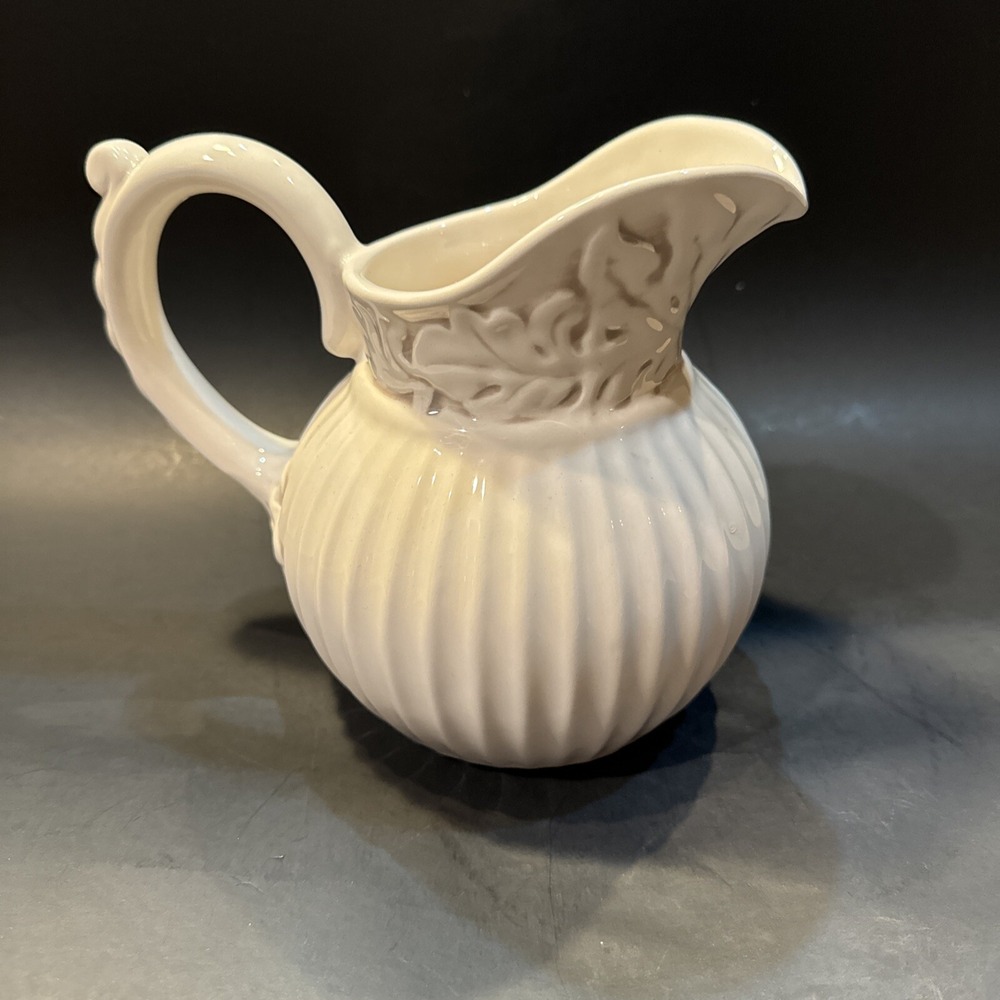 Vintage Baroque Ironstone Ceramic Pitcher by American Atelier 5166 Ivory 6" Tall